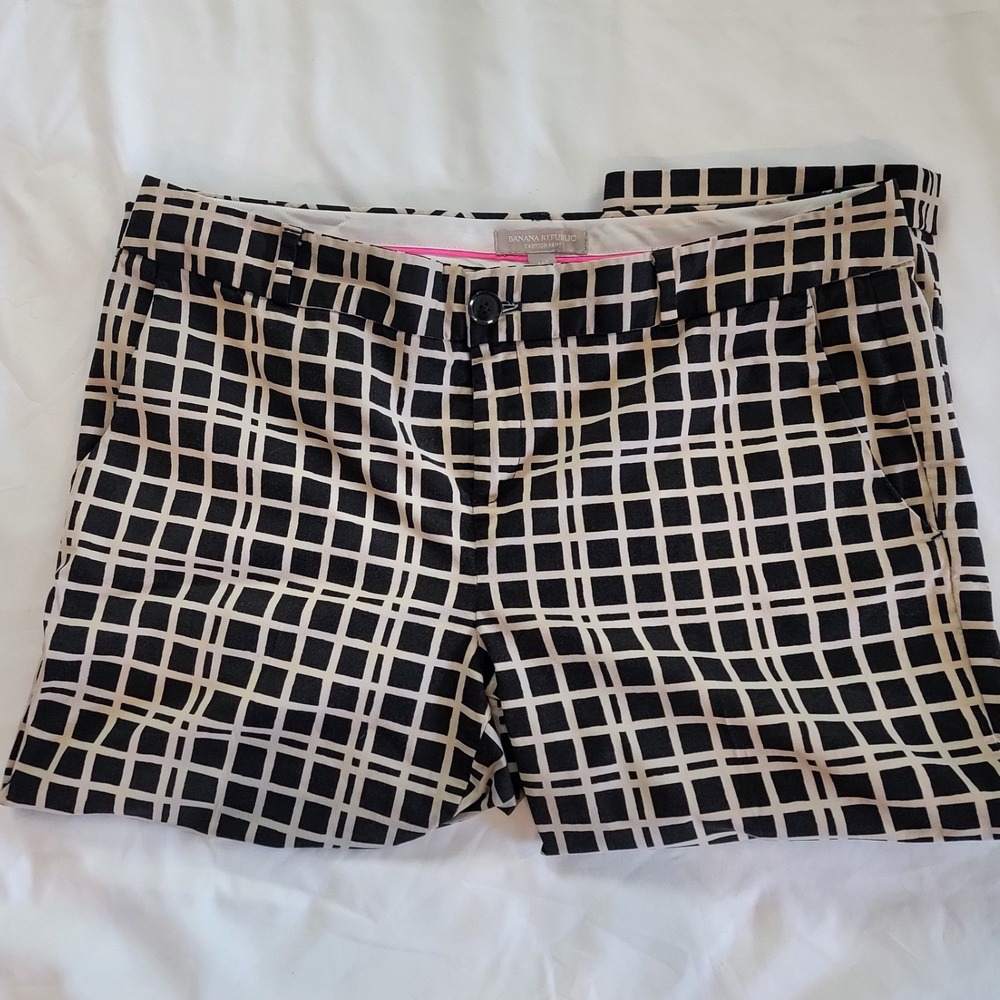 Banana Republic Hampton Pant 14S Black Cream Plaid Cuffed Ankle Pants